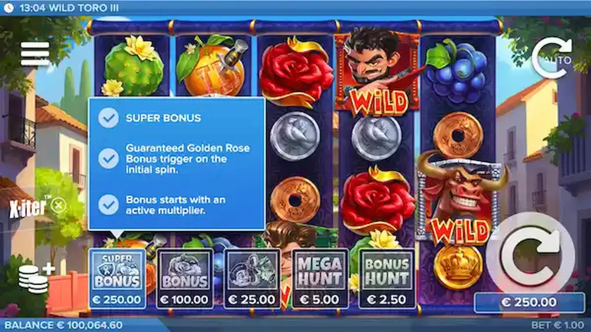 Wild Toro 3 slot game interface featuring the iconic bull and Spanish street theme.